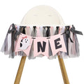 Pink and Black Halloween First Year Birthday Highchair Banner with Ghost Theme and Bows
