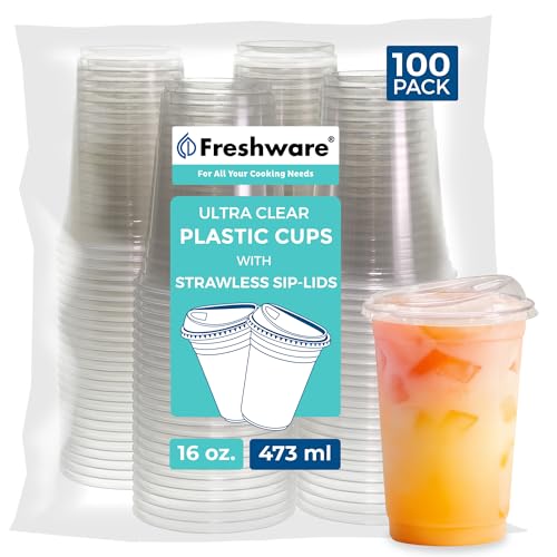 16 oz Disposable Plastic Cups with Strawless Sip Lids - 100 Pack Clear Tumblers for Parties