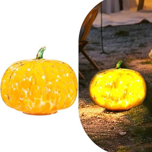 Glass Handcrafted Pumpkin with LED Lights - Fall Halloween Thanksgiving Decor, 5.9 Inch, Green Leaf Orange Variation