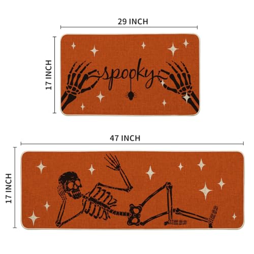 Skeleton Halloween Kitchen Mats Set of 2 - Orange, 17x29 & 17x47 Inches