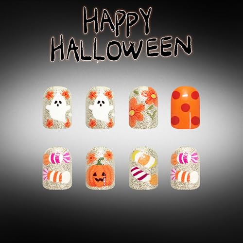Halloween Press On Nails Short Square Ghost Pumpkin Glitter Set - 8 Pairs