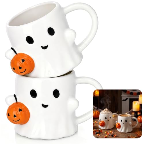 Halloween Ghost Mug Set - 2 Pcs 12oz Ceramic Coffee Cups for Halloween - Ghost Pumpkin Variation