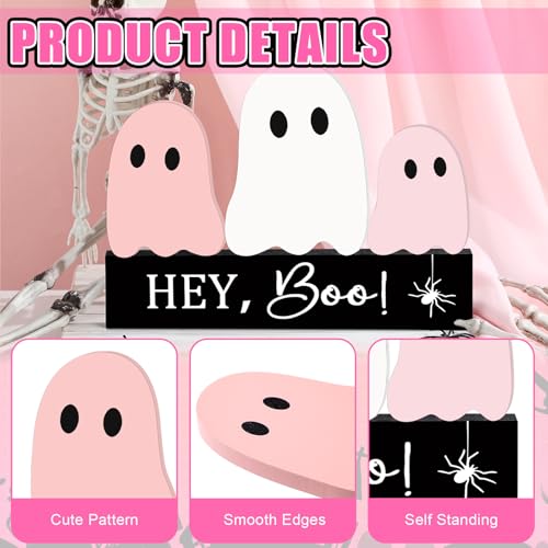 Pink Halloween Ghost Decor Set - Cute Wooden Signs for Tiered Tray & Table Display