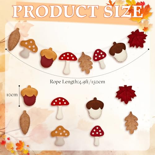 Fall Mushroom Felt Garland - Autumn Home Decor for Thanksgiving & Halloween - 4.9ft
