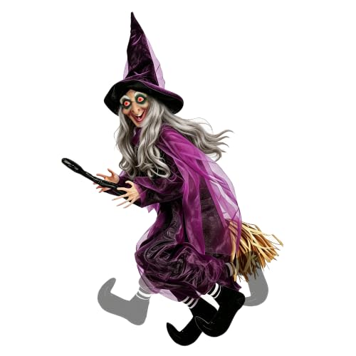 Flying Witch Halloween Decoration - Animated 4ft Hanging Prop with Lighted Eyes and Sound Activation for Yard & Indoor Haunted House