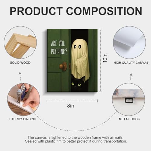 Funny Ghost Cat Bathroom Wall Art Canvas Print - Framed Halloween Decor - Color A