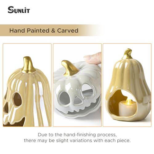 Sunlit Ceramic Pumpkin Candle Holder Set of 3 with LED Tea Lights - Colorful Halloween Decor