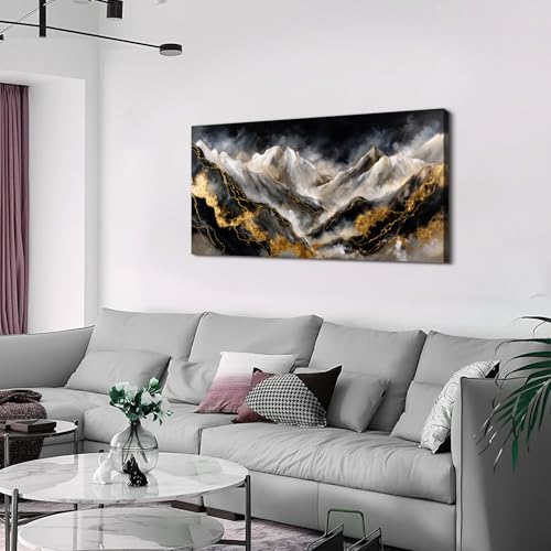 Abstract Mountain Wall Art Canvas - Black & Gold Watercolor Landscape - 40"L x 20"W - Mount01