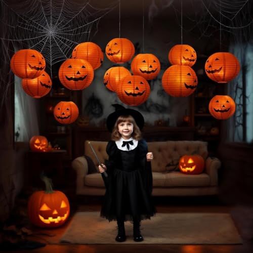 Floating Jack-O-Lantern Decor Set - 12pcs 10in Halloween Lanterns with LED Tea Lights & Remote - Variation: Jack-O-Lantern