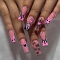 Halloween Press On Nails Spider Web Ghost Fake Nails Long Square Pink French Tip Style-1