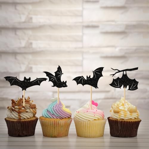 Glitter Bat Halloween Cupcake Toppers Set - Black Bat Picks, 24 Pack with Variation