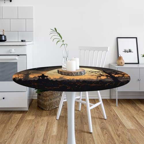 Halloween Moon Night Bats Tree Round Fitted Waterproof Tablecloth - 56 Inch, Elastic Edge