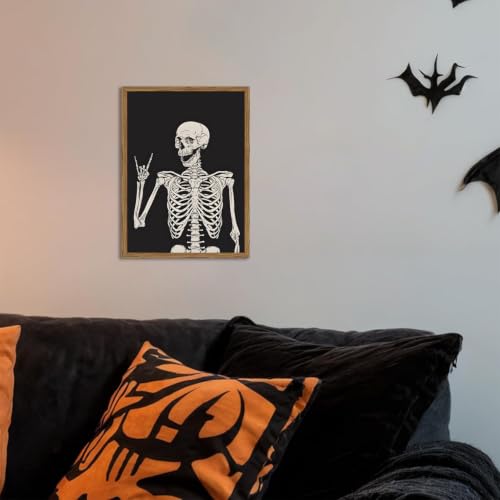 Halloween Skeleton Wall Art Framed Canvas 12x16 Inches Gothic Home Decor - Black Skull Skeleton - Variation B