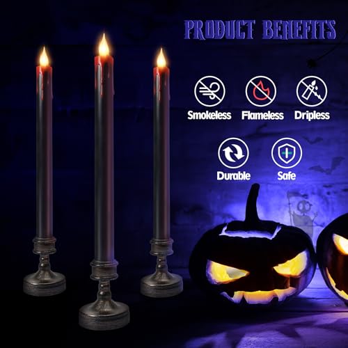 Black Flameless Bleeding Taper Candles with Base - Halloween Set, 8 Pack, Blood Variation