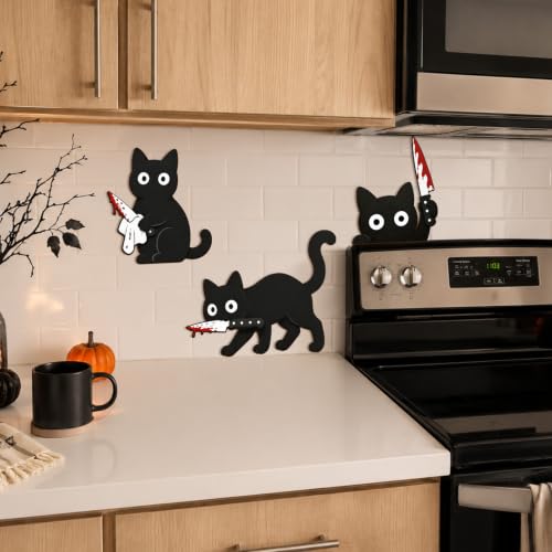 Halloween Wall Decor Set of 3 Black Cats with Knife - Spooky Wooden Party Decorations