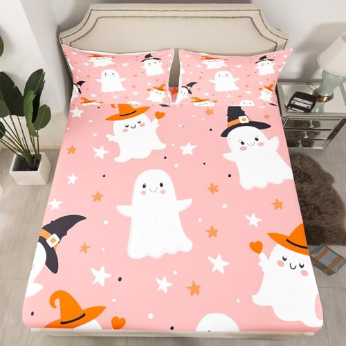 Feelyou Pink Halloween Fitted Sheet Twin Size for Boys & Girls - Variation: Pink White
