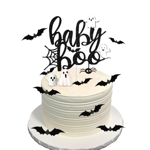 Halloween Baby Shower Cake Topper - Black Glitter Boo & Bat Decorations