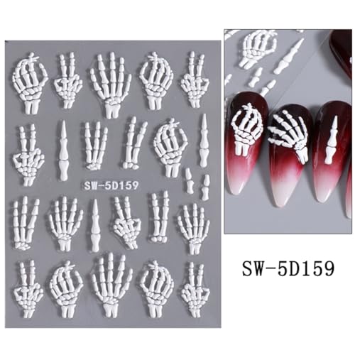 Halloween Nail Art Stickers 5D Embossed Skull Hand Rose Bone Design A4 - DIY Nail Decals