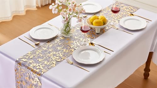 Black Gold Mesh Table Runner 33 Ft Metallic Foil Sequin Decor - Variation of Mesh-Black Gold