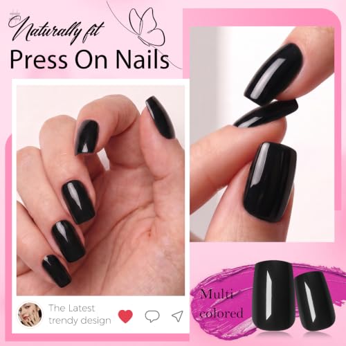 Black Short Square Press On Nails for Women - 240 Pack with Adhesive & Glue - Variation: Black