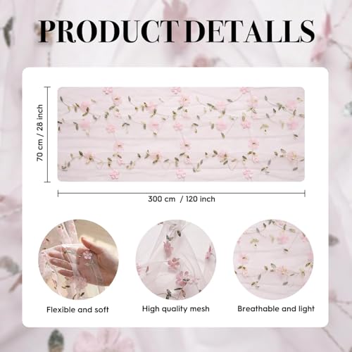 Pink 3D Flower Gauze Embroidery Table Runner - 28 x 120 Inch