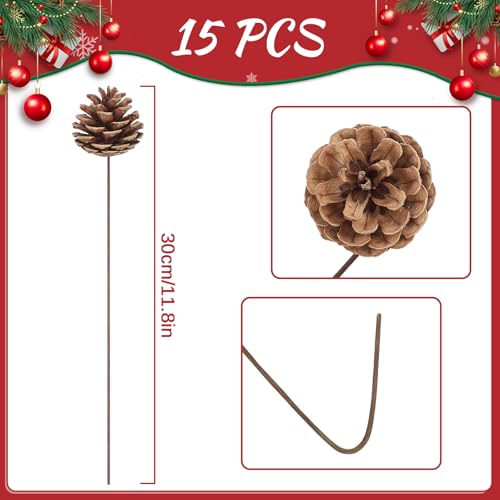 Natural Pine Cone Decorations - 15pcs 30cm Pine Cone Picks for Holiday & DIY Crafts