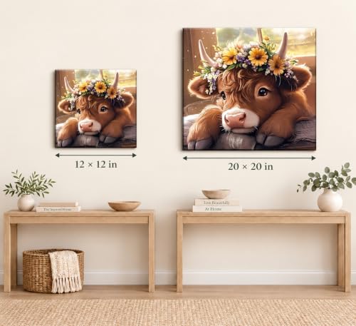 Highland Cow Canvas Wall Art - 20x20 Inch Farmhouse Decor with Wooden Frame