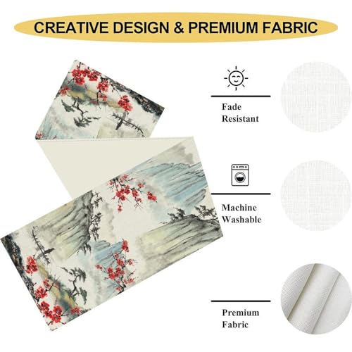 Japanese Ink Painting Cherry Blossom Table Runner - Rustic Asian Garden Decor 13x36 Variation of THIS listing