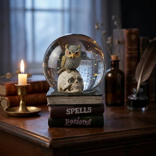 Halloween Snow Globe Owl Skull Decor - Gothic Resin Water Globe on Spell Book Base