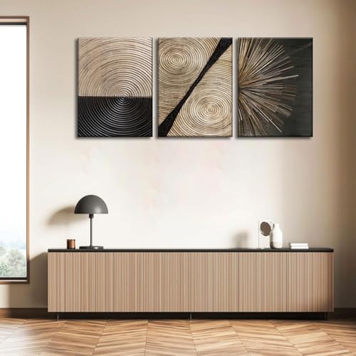 3Pcs Abstract Canvas Wall Art Set - Wood Grain, Black and Gold Lines, 12x16in - Modern Home Decor