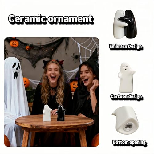 Ceramic Ghost Salt and Pepper Shakers - Black & White Hugging Couple, Wedding Gift, 1.5 x 1.0 x 0.8 cm – Halloween & Kitchen Decor