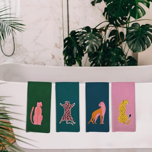 Set of 4 Preppy Cheetah Kitchen and Bathroom Towels - Pink Leopard Decor 16x24 Inches