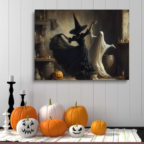Ghost and Witch Dancing Wall Art - 8x12in Framed Halloween Decor