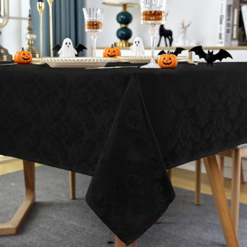 Black Jacquard Damask Rectangular Tablecloth 52 x 70 Inch - Elegant Dining Cover