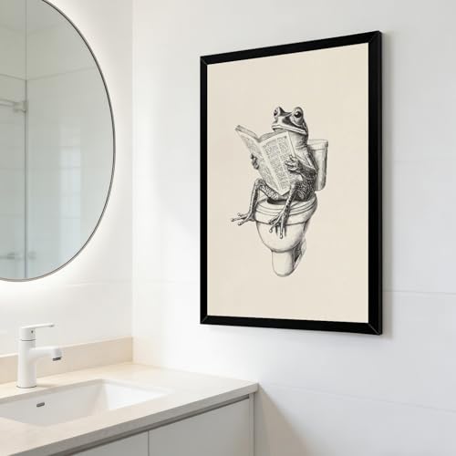 Bathroom Frog Canvas Wall Art - 12x16 Inch Funny Toilet Reading Frog Decor - Black Frame
