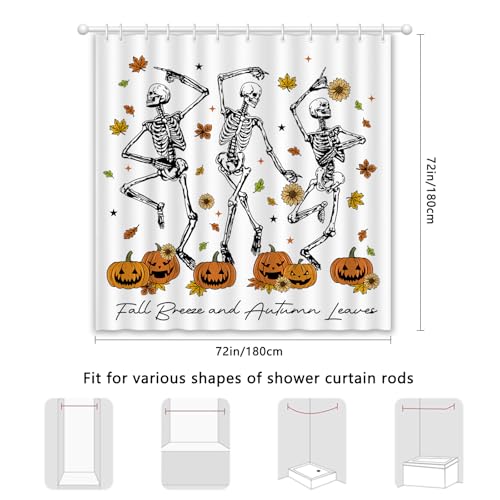 Halloween Shower Curtain Spooky Skeletons Pumpkin Waterproof Fabric 72x72 in