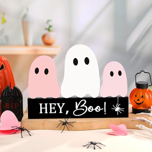 Pink Halloween Ghost Decor Set - Cute Wooden Signs for Tiered Tray & Table Display