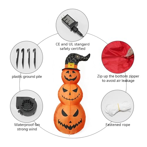 4FT LED Light-Up Halloween Inflatable Pumpkins with Witch Hat - Outdoor Yard Decor