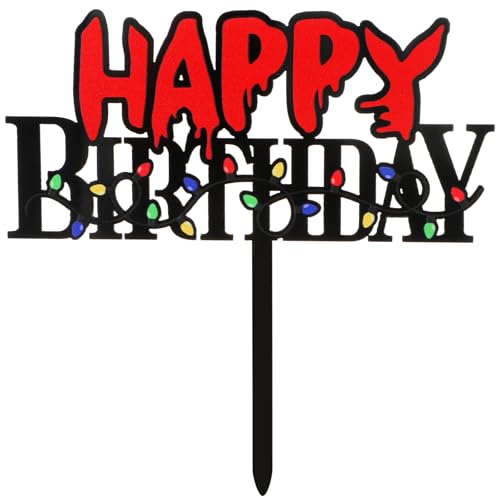 Horror Birthday Cake Topper Acrylic Black & Red Spooky Light Bulb Pattern