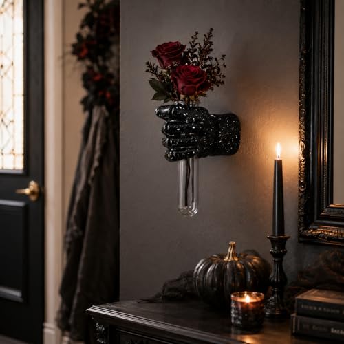 Halloween Wall Sculpture Creepy Skull Hands Vase Black - Gothic Horror Decor