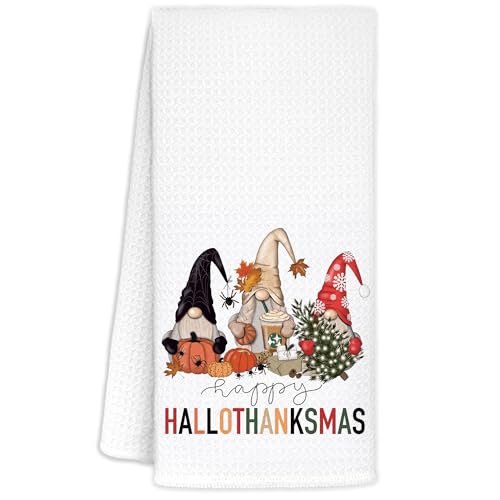 Fall Halloween Thanksgiving Christmas Gnomes Kitchen Towels - Hallothanksmas Gnomes
