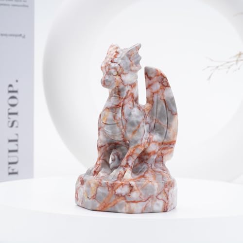 Natural Hand Carved Dragon Crystal Sculpture - Flying Dragon Red Grid Figurine - Healing Stone Home Decor