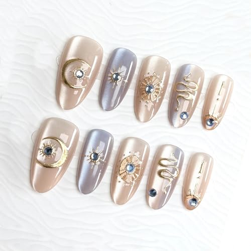 Star Moon Press On Nails - 30Pcs Medium Almond Fake Nails with Rhinestones & Variation 6