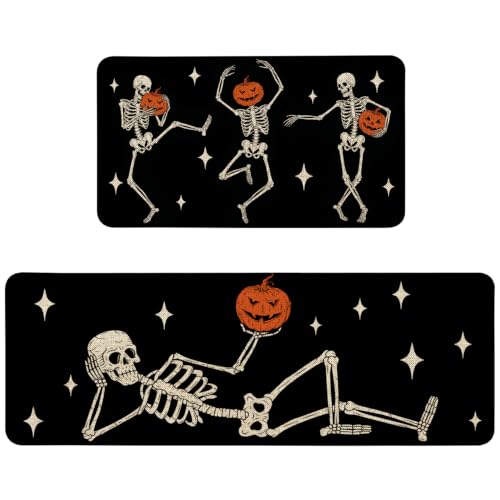 Halloween Skeleton Pumpkin Kitchen Mat Set of 2 Non Slip Washable Rug Decor