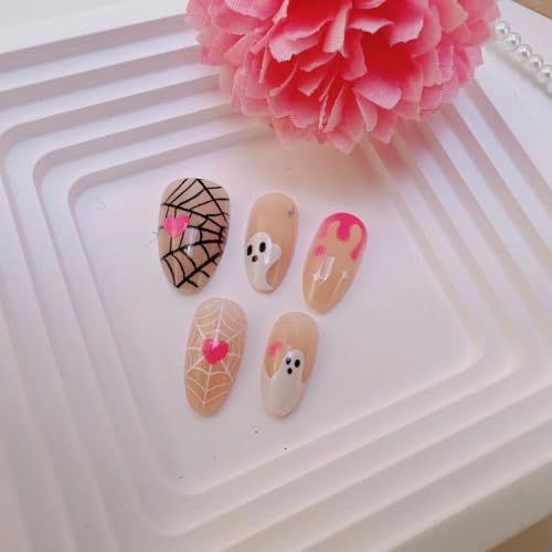 Halloween Short Almond Press On Nails Set - Colorful Ghost Spider Web Heart Rhinestone 8