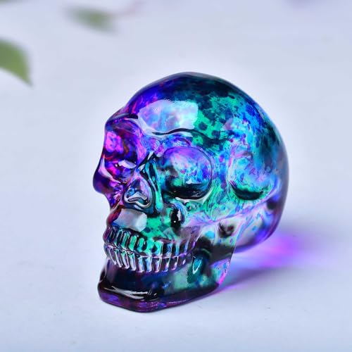 Crystal Skull Head Statue with Purple and Green Variations - Glass Figurine Home Decor