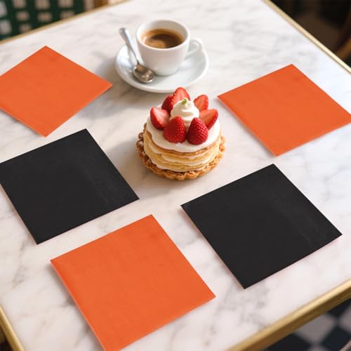Black & Orange Paper Napkins 100Pcs - Halloween Party Disposable Hand Towels - 6.5x6.5in