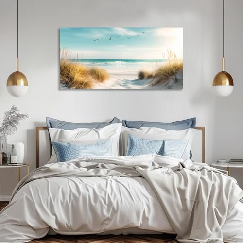 Large Beach Reeds Canvas Wall Art - Ocean Seascape Painting for Living Room & Bedroom - 24x48 Inches - Coastal Decor