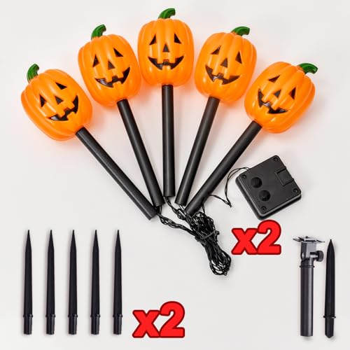 Long Pumpkin Stake Lights Set of 10 - Solar Halloween Yard Decor