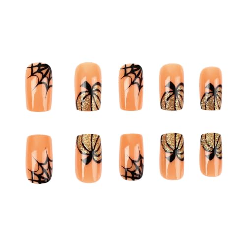 Halloween Press On Nails Glitter Pumpkin Spider Web Short Square Fake Nails - Gold Glitter Design Variation
